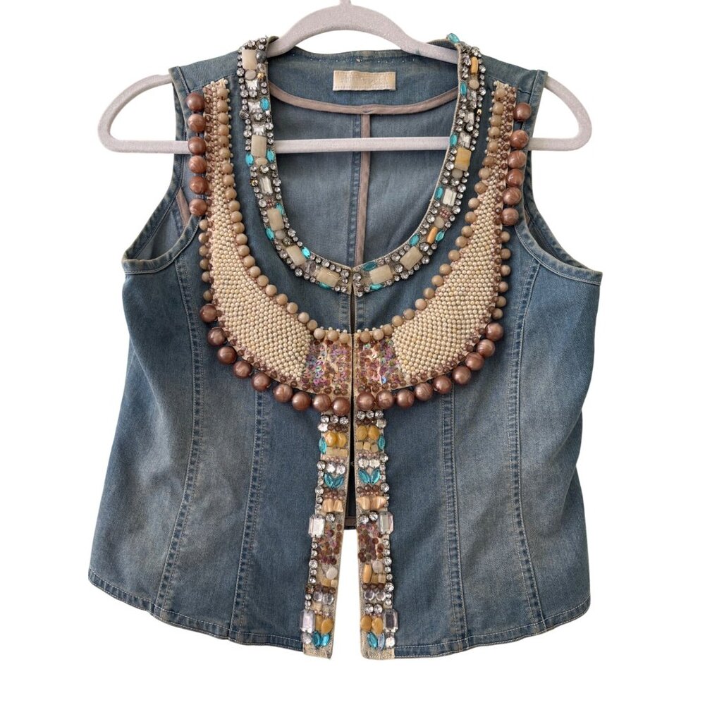 Vintage  Lynn Adler Hand Beaded Denim Vest With Rhinestones & Pearls - Picture 10 of 12